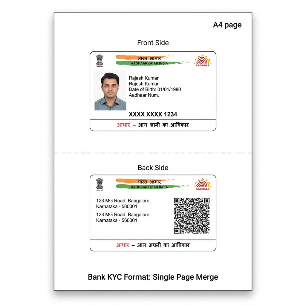 Aadhaar Card Front and Back Merged on Single Side of A4 Page Diagram