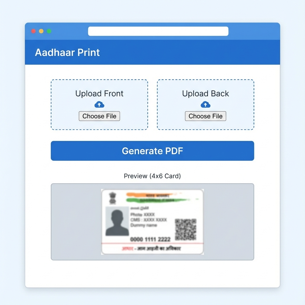 DocSet Aadhaar Print Tool Interface showing simple upload and 4x6 output generation