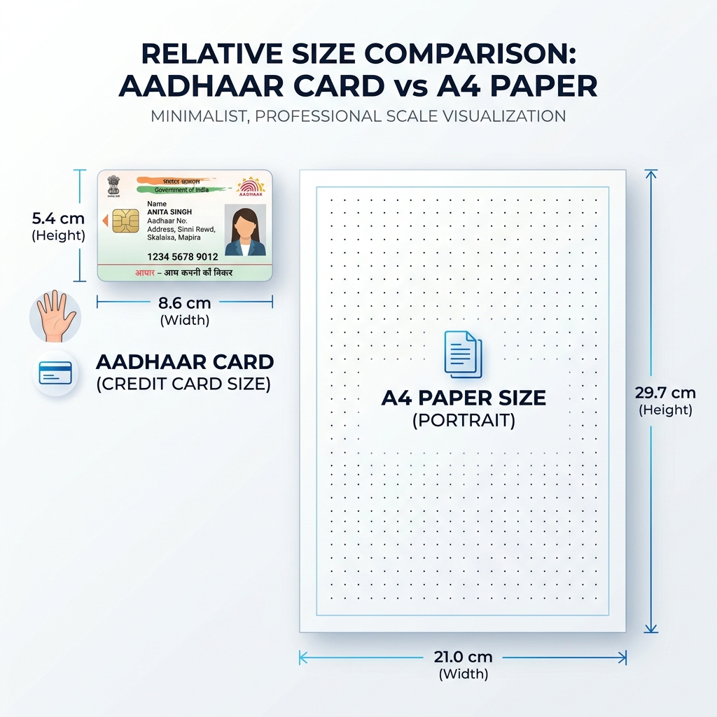Aadhaar card size compared to A4 paper infographic