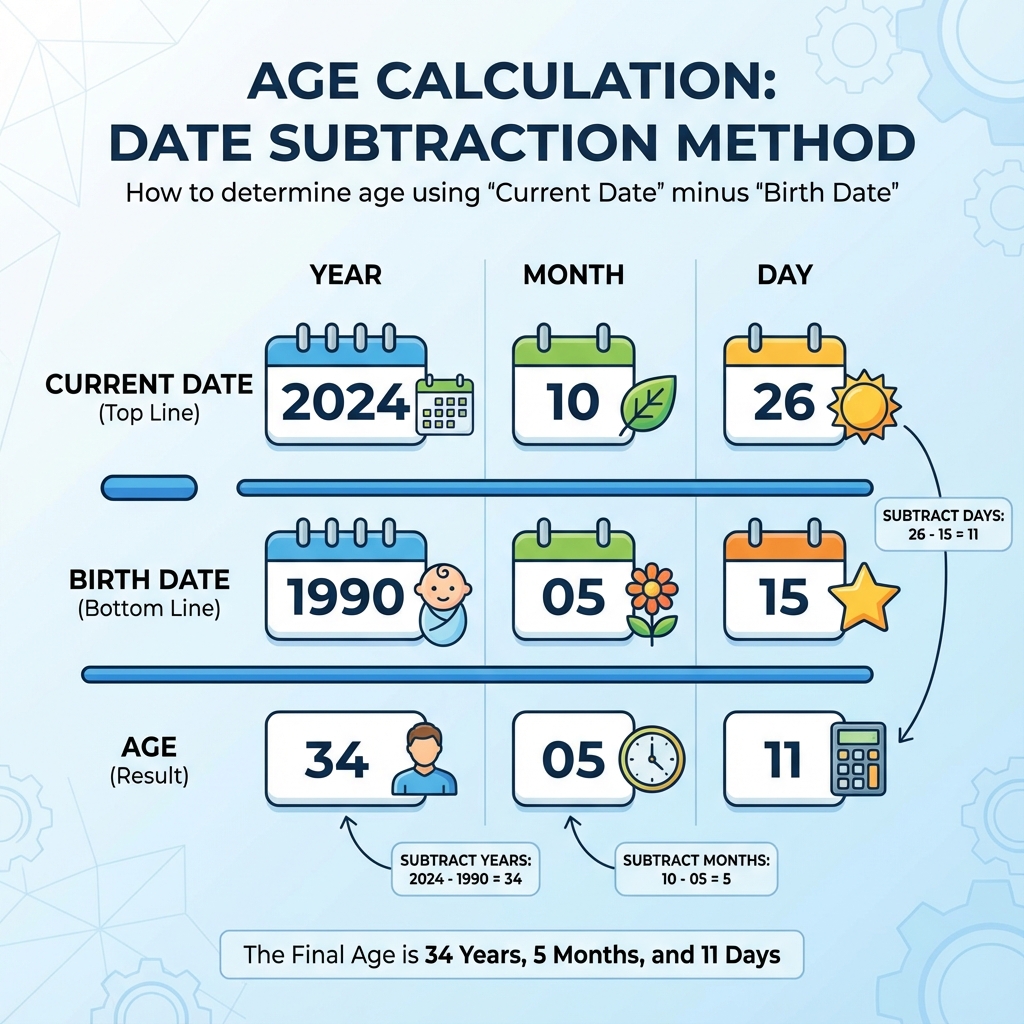 Manual Age Calculation Formula for Government Exams showing Date Subtraction Method