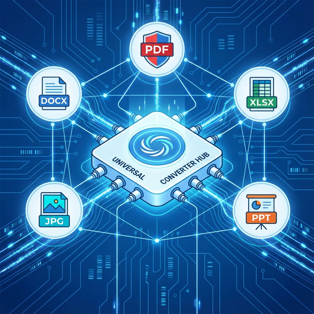 Universal file converter diagram showing Word PDF and Excel interoperability
