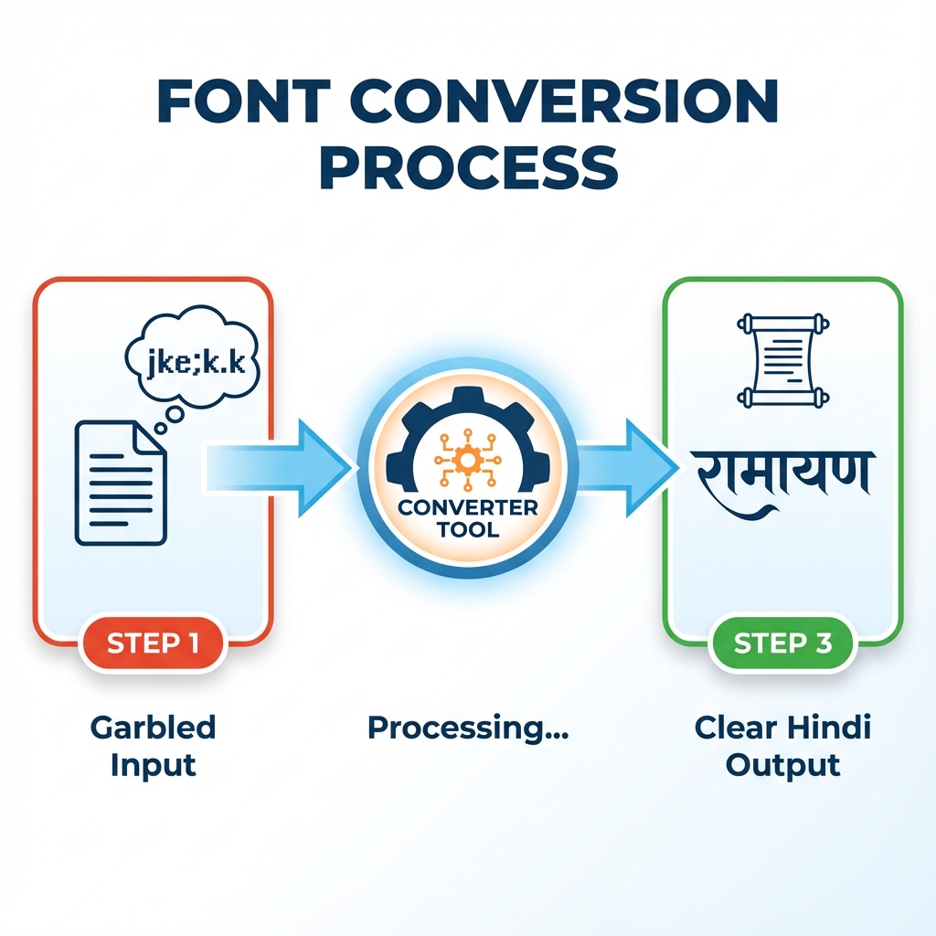 Process to convert Garbled Kruti Dev Text (jke;k.k) to Readable Hindi Unicode (रामायण)