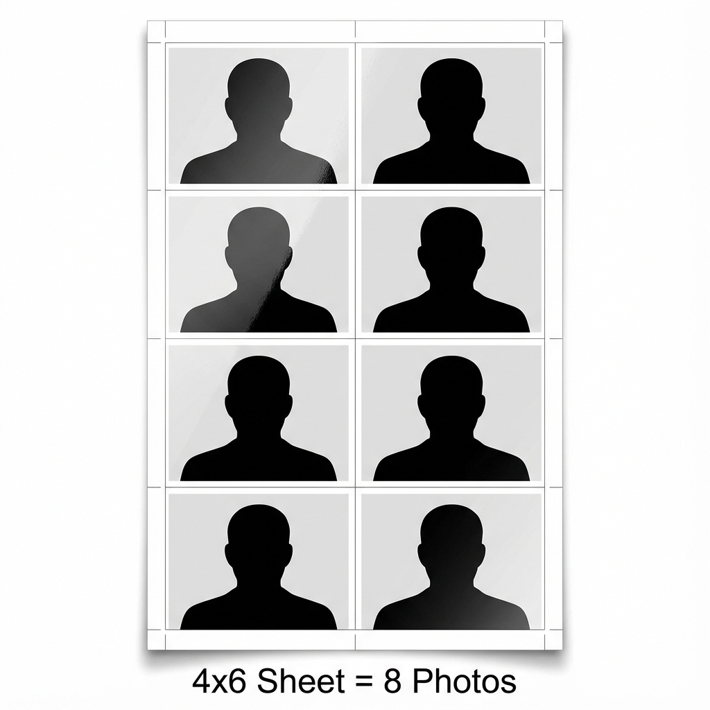 4x6 Inch Photo Sheet Layout Diagram showing 8 Passport Photos Grid