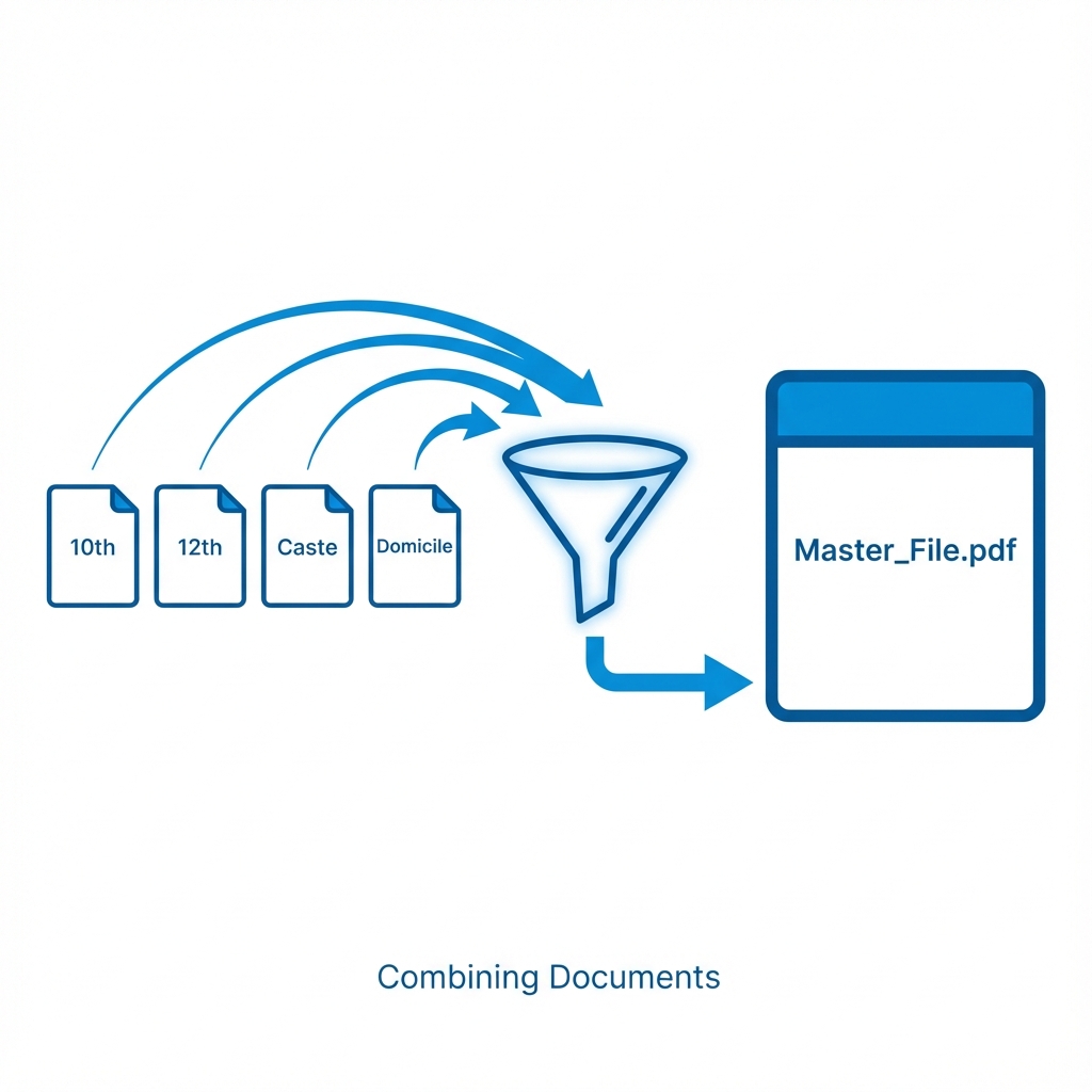 Document Merging Logic Flowchart showing 10th Marksheet, 12th Marksheet and Caste Certificate combining into single PDF
