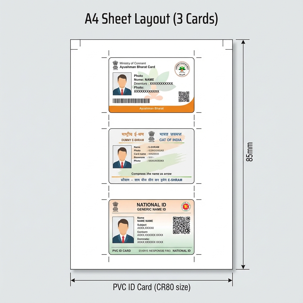 A4 Sheet Layout Diagram showing 5 PVC ID Cards aligned with crop marks for Thermal Lamination